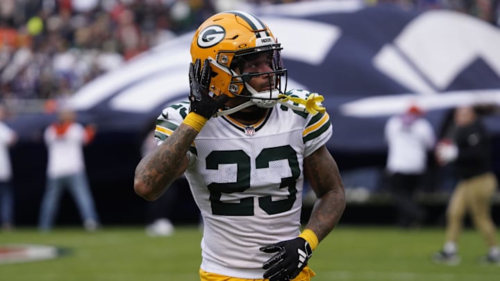 Nov 17, 2024; Chicago, Illinois, USA; Green Bay Packers cornerback Jaire Alexander (23) gestures to the fans before the game against the Chicago Bears at Soldier Field. Mandatory Credit: David Banks-Imagn Images