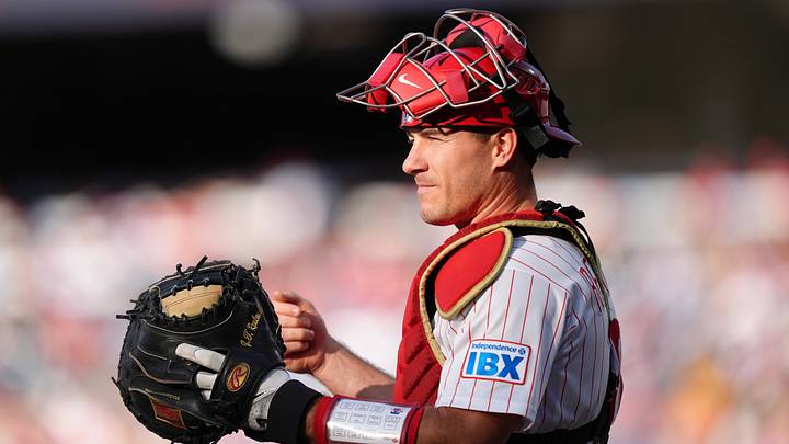 Jun 16, 2026; Philadelphia, Pennsylvania, USA; Philadelphia Phillies catcher JT Realmuto (10) looks on against the Miami Marlins in the first inning at Citizens Bank Park. Mandatory Credit: Kyle Ross-Imagn Images