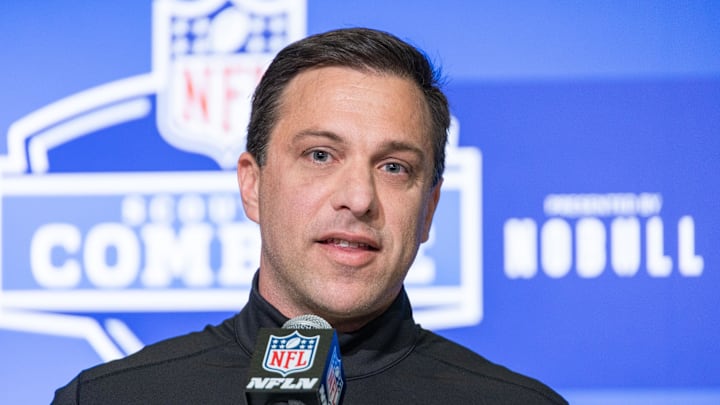 Feb 28, 2023; Indianapolis, IN, USA; Kansas City Chiefs general manager Brett Veach speaks to the press at the NFL Combine at Lucas Oil Stadium. Mandatory Credit: Trevor Ruszkowski-USA TODAY Sports