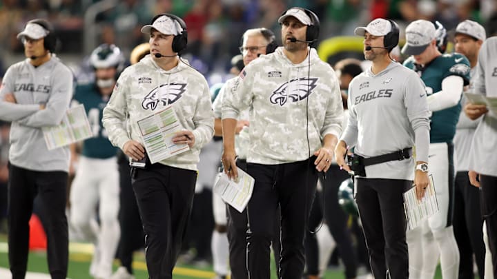 Nov 10, 2024; Arlington, Texas, USA; Philadelphia Eagles offensive coordinator Kellen Moore and head coach Nick Sirianni watch a play in the game against the Dallas Cowboys at AT&T Stadium. Mandatory Credit: Tim Heitman-Imagn Images
