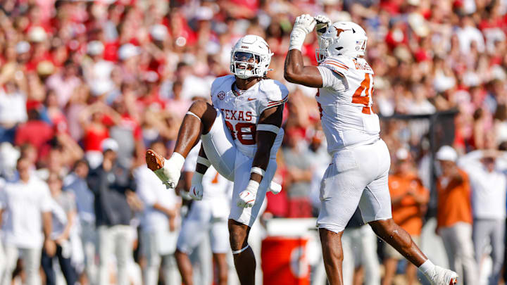 Oct 12, 2024; Dallas, Texas, USA; Texas Longhorns linebacker Barryn Sorrell (88) celebrates a play during the second quarter against the Oklahoma Sooners at the Cotton Bowl. Mandatory Credit: Andrew Dieb-Imagn Images