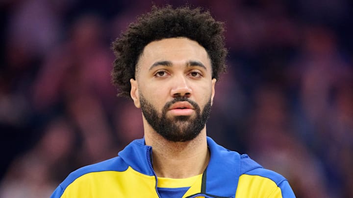 Apr 13, 2025; San Francisco, California, USA; Golden State Warriors forward Trayce Jackson-Davis (32) looks on during warmups before the game between the Golden State Warriors and the LA Clippers at Chase Center. Mandatory Credit: Robert Edwards-Imagn Images
