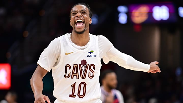 Mar 30, 2025; Cleveland, Ohio, USA; Cleveland Cavaliers guard Darius Garland (10) celebrates during the second half against the Los Angeles Clippers at Rocket Arena. Mandatory Credit: Ken Blaze-Imagn Images
