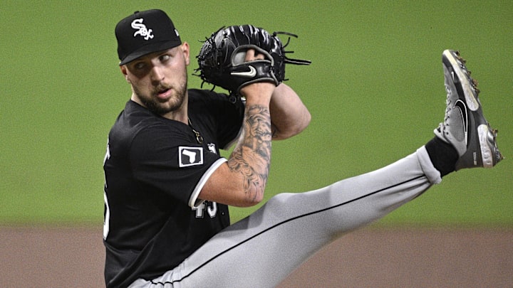 Sep 20, 2024; San Diego, California, USA; Chicago White Sox starting pitcher Garrett Crochet (45) pitches against the San Diego Padres during the second inning at Petco Park. Mandatory Credit: Orlando Ramirez-Imagn Images