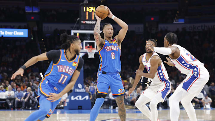 Mar 19, 2025; Oklahoma City, Oklahoma, USA; Oklahoma City Thunder forward Jaylin Williams (6) passes against the Philadelphia 76ers during the second half at Paycom Center. Mandatory Credit: Alonzo Adams-Imagn Images