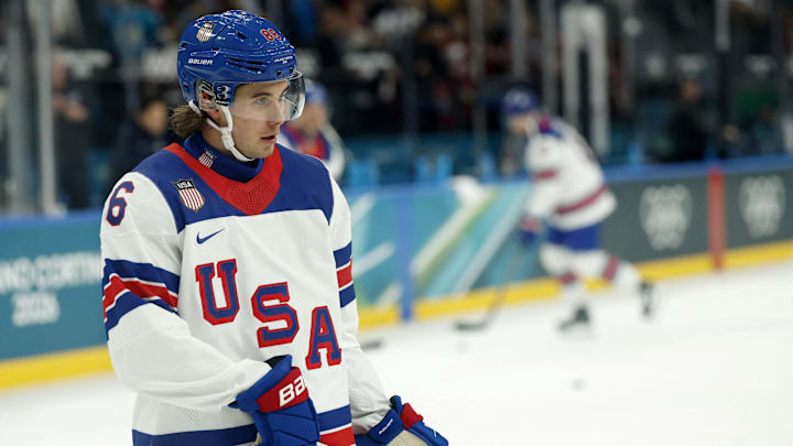 Feb 12, 2026; Milan, Italy; Jack Hughes of United States during the warm up before the match against Latvia in men's ice hockey group C play during the Milano Cortina 2026 Olympic Winter Games at Milano Santagiulia Ice Hockey Arena. Mandatory Credit: Geoff Burke-Imagn Images