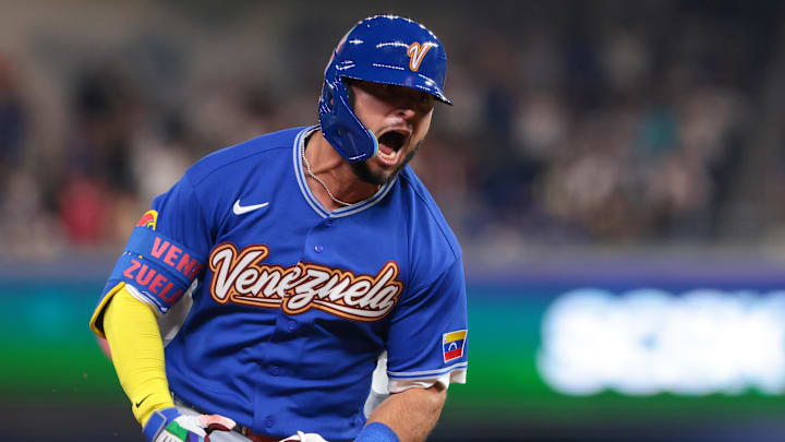 Mar 14, 2026; Miami, FL, United States; Venezuela left fielder Wilyer Abreu (16) reacts while rounding the bases after hitting a three-run home run against Japan in the sixth inning during a quarterfinal game of the 2026 World Baseball Classic at loanDepot Park. Mandatory Credit: Sam Navarro-Imagn Images