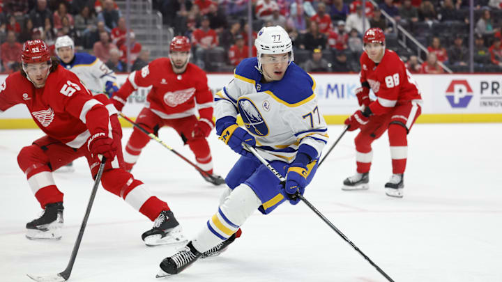 Mar 16, 2024; Detroit, Michigan, USA;  Buffalo Sabres right wing JJ Peterka (77) skates with the