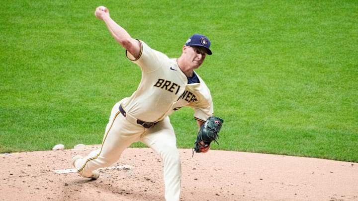 Oct 13, 2025; Milwaukee, Wisconsin, USA; Milwaukee Brewers pitcher Quinn Priester (46) throws a pitch against the Los Angeles Dodgers in the second inning during game one of the NLCS round for the 2025 MLB playoffs at American Family Field. Mandatory Credit: Michael McLoone-Imagn Images