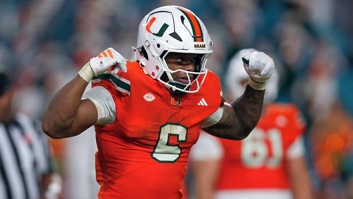 Aug 31, 2025; Miami Gardens, Florida, USA; Miami Hurricanes running back CharMar Brown (6) reacts after scoring a touchdown against the Notre Dame Fighting Irish during the third quarter at Hard Rock Stadium. Mandatory Credit: Sam Navarro-Imagn Images