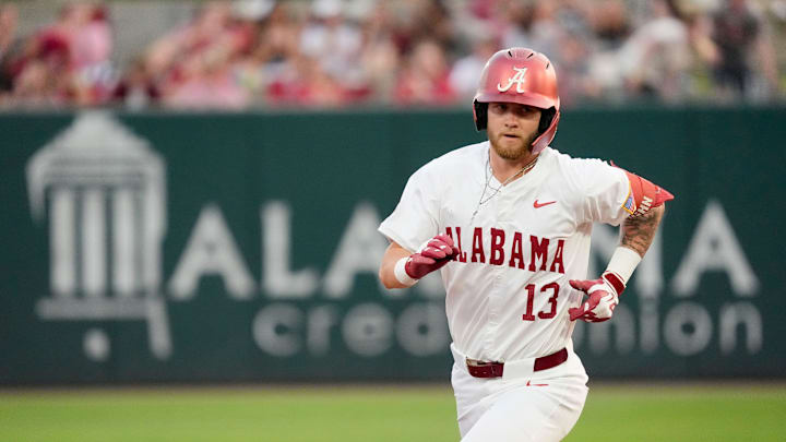 March 27, 2026; Tuscaloosa, AL, USA; Alabama batter Luke Vaughn jogs the bases after hitting a two-run homer at Sewell-Thomas Stadium as the Crimson Tide and Auburn Tigers played the first game of their three-game series. March 27, 2026; Tuscaloosa, AL, USA; Alabama batter Luke Vaughn jogs the bases after hitting a two-run homer at Sewell-Thomas Stadium as the Crimson Tide and Auburn Tigers played the first game of their three-game series.