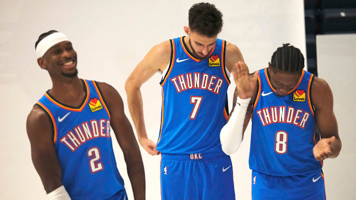 Shai Gilgeous-Alexander (2), Chet Holmgren (7) and Jalen Williams (8) during the Thunder Media Day for the 25-26 NBA season at the Paycom Center Monday, Sept. 29, 2025.
