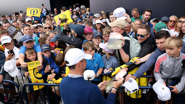 Rory McIlroy played an early practice round Monday at Royal Portrush then took time for fans in his home country.