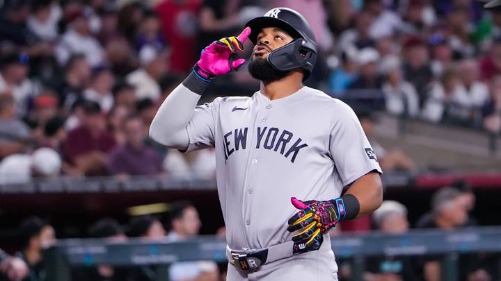 Sep 20, 2026; Phoenix, Arizona, USA;  New York Yankees left fielder Heliot Ramos (34) celebrates his home run during the third inning during the game against  Arizona Diamondbacks at Chase Field. Mandatory Credit: Arianna Grainey-Imagn Images