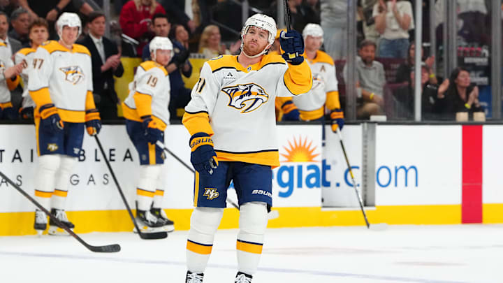 Apr 12, 2025; Las Vegas, Nevada, USA; Nashville Predators center Jonathan Marchessault (81) salutes the crowd while being recognized for his return to play against the Vegas Golden Knights during the first period at T-Mobile Arena. Mandatory Credit: Stephen R. Sylvanie-Imagn Images