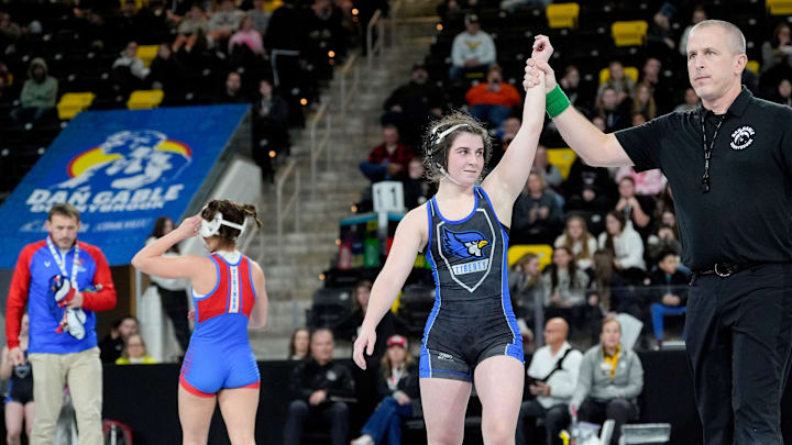 Liberty’s Lilly Breeden defeated Decorah’s Chloe Sheffield during the girls Dan Gable Donnybrook wrestling tournament 100-pound championship match Friday, Dec. 6, 2024 at Xtream Arena in Coralville, Iowa.