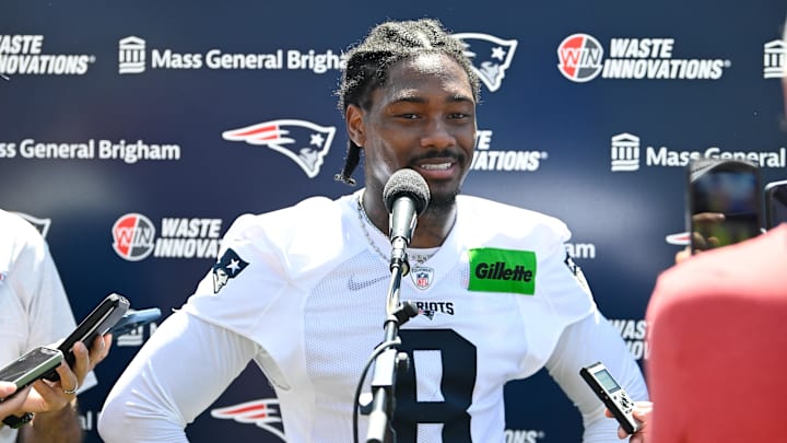 Jul 23, 2025; Foxborough, MA, USA; New England Patriots wide receiver Stefon Diggs (8) addresses the media after practice during day one of training camp at Gillette Stadium. Mandatory Credit: Eric Canha-Imagn Images