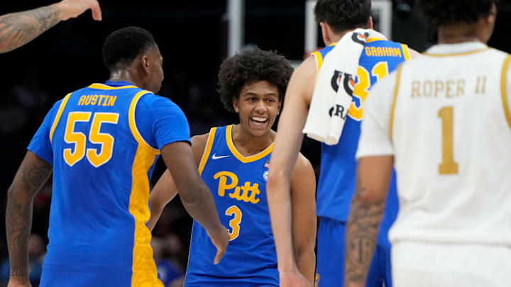 Mar 11, 2025; Charlotte, NC, USA; Pittsburgh Panthers guard Brandin Cummings (3) reacts after hitting a three point shot in the second half at Spectrum Center. Mandatory Credit: Bob Donnan-Imagn Images Mar 11, 2025; Charlotte, NC, USA; Pittsburgh Panthers guard Brandin Cummings (3) reacts after hitting a three point shot in the second half at Spectrum Center. Mandatory Credit: Bob Donnan-Imagn Images