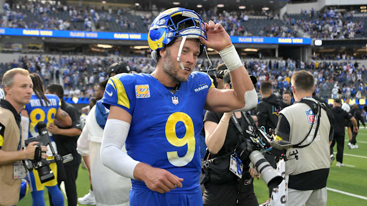 Sep 28, 2025; Inglewood, California, USA; Los Angeles Rams quarterback Matthew Stafford (9) leaves the field after the game against the Indianapolis Colts at SoFi Stadium. Mandatory Credit: Jayne Kamin-Oncea-Imagn Images Sep 28, 2025; Inglewood, California, USA; Los Angeles Rams quarterback Matthew Stafford (9) leaves the field after the game against the Indianapolis Colts at SoFi Stadium. Mandatory Credit: Jayne Kamin-Oncea-Imagn Images