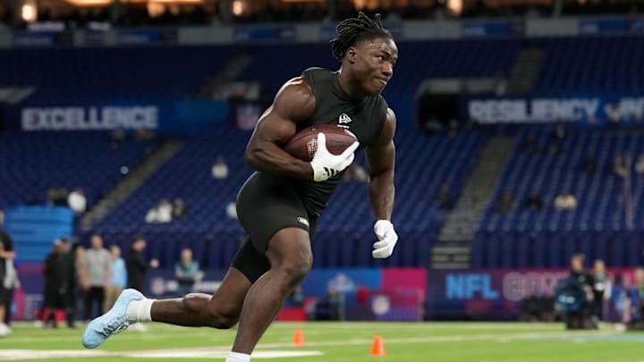 Feb 28, 2026; Indianapolis, IN, USA; Nebraska running back Emmett Johnson (RB10) during the NFL Scouting Combine at Lucas Oil Stadium. Mandatory Credit: Kirby Lee-Imagn Images