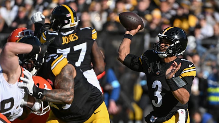 Dec 8, 2024; Pittsburgh, Pennsylvania, USA; Pittsburgh Steelers quarterback Russell Wilson (3) throws a pass against the Cleveland Browns during the first quarter at Acrisure Stadium. Mandatory Credit: Barry Reeger-Imagn Images