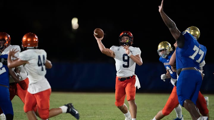 Benjamin quarterback Tyler Aronson passes the ball during their game against Cardinal Newman in West Palm Beach, Florida on September 10, 2021.