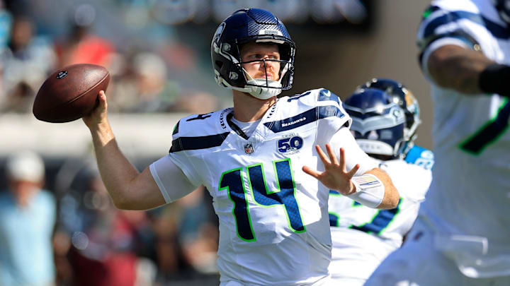 Seattle Seahawks quarterback Sam Darnold (14) looks to pass during the third quarter of an NFL football matchup, Sunday, Oct. 12, 2025, at EverBank Stadium in Jacksonville, Fla. The Seahawks defeated the Jaguars 20-12.