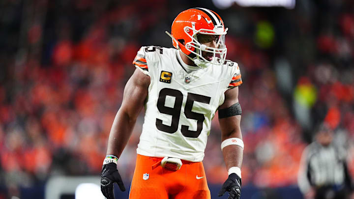 Dec 2, 2024; Denver, Colorado, USA; Cleveland Browns defensive end Myles Garrett (95) during the third quarter against the Denver Broncos at Empower Field at Mile High. Mandatory Credit: Ron Chenoy-Imagn Images