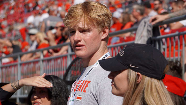 Oct 5, 2024; Columbus, OH, USA; Class of 2027 Huntington Beach, California, quarterback Brady Edmunds visits the field ahead of Ohio State's 35-7 win over the Iowa Hawkeyes after the NCAA football game at Ohio Stadium.