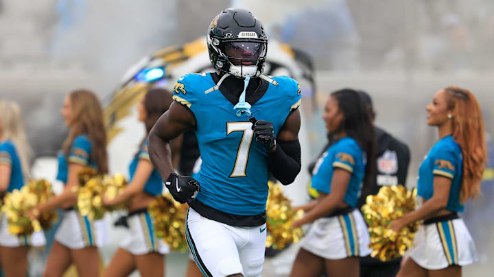 Jacksonville Jaguars wide receiver Brian Thomas Jr. (7) is introduced before an NFL football game at EverBank Stadium, Sunday, Dec. 7, 2025, in Jacksonville, Fla. The Jaguars defeated the Colts 36-19.