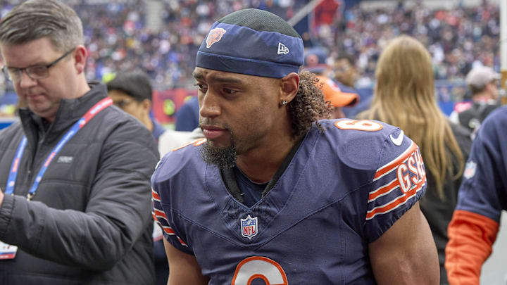 Chicago Bears cornerback Kyler Gordon, the ex-Husky. leaves the field in London. Chicago Bears cornerback Kyler Gordon, the ex-Husky. leaves the field in London.