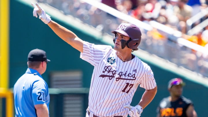 Jun 23, 2024; Omaha, NE, USA; Texas A&M Aggies right fielder Jace Laviolette (17) celebrates after hitting a home run against the Tennessee Volunteers during the first inning at Charles Schwab Field Omaha. Mandatory Credit: Dylan Widger-USA TODAY Sports Jun 23, 2024; Omaha, NE, USA; Texas A&M Aggies right fielder Jace Laviolette (17) celebrates after hitting a home run against the Tennessee Volunteers during the first inning at Charles Schwab Field Omaha. Mandatory Credit: Dylan Widger-USA TODAY Sports