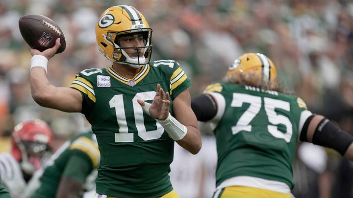 Green Bay Packers quarterback Jordan Love (10) throws a pass during the first quarter of their game against the Cincinnati Bengals Sunday, October 12, 2025 at Lambeau Field in Green Bay, Wisconsin.
