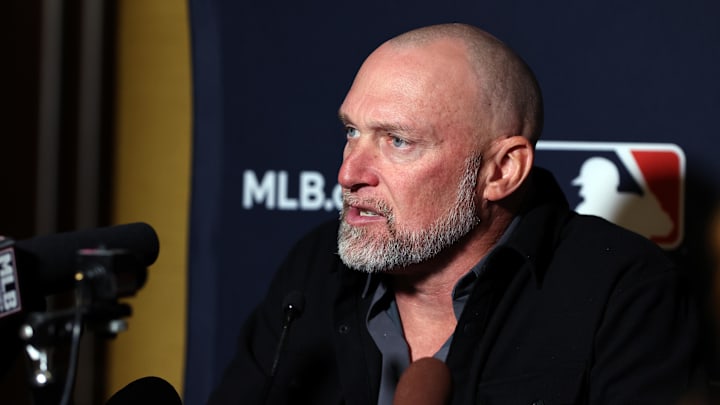 Dec 10, 2024; Dallas, TX, USA; Athletics manager Mark Kotsay speaks with the media at the Hilton Anatole during the 2024 MLB Winter Meetings. Mandatory Credit: Tim Heitman-Imagn Images Dec 10, 2024; Dallas, TX, USA; Athletics manager Mark Kotsay speaks with the media at the Hilton Anatole during the 2024 MLB Winter Meetings. Mandatory Credit: Tim Heitman-Imagn Images