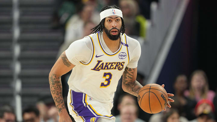 Jan 25, 2025; San Francisco, California, USA; Los Angeles Lakers forward Anthony Davis (3) dribbles against the Golden State Warriors during the second quarter at Chase Center. Mandatory Credit: Darren Yamashita-Imagn Images