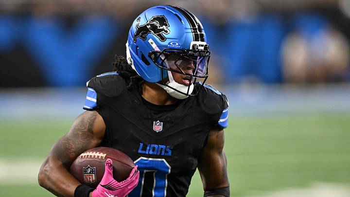 Oct 20, 2025; Detroit, Michigan, USA; Detroit Lions running back Jahmyr Gibbs (0) rushes the ball against the Tampa Bay Buccaneers during the first half at Ford Field. Mandatory Credit: Lon Horwedel-Imagn Images
