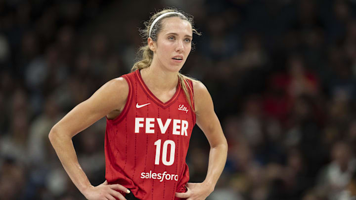 Aug 24, 2025; Minneapolis, Minnesota, USA; Indiana Fever guard Lexie Hull (10) looks on against the Minnesota Lynx in the second half at Target Center. Mandatory Credit: Jesse Johnson-Imagn Images