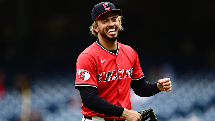 Apr 26, 2025; Cleveland, Ohio, USA; Cleveland Guardians shortstop Gabriel Arias (13) smiles before the game between the Guardians and the Boston Red Sox at Progressive Field. Mandatory Credit: Ken Blaze-Imagn Images
