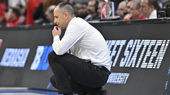 Mar 26, 2026; Houston, TX, USA; Iowa Hawkeyes head coach Ben McCollum looks on in the first half against the Nebraska Cornhuskers during a Sweet Sixteen game of the South Regional of the men's 2026 NCAA Tournament at Toyota Center. Mandatory Credit: Maria Lysaker-Imagn Images