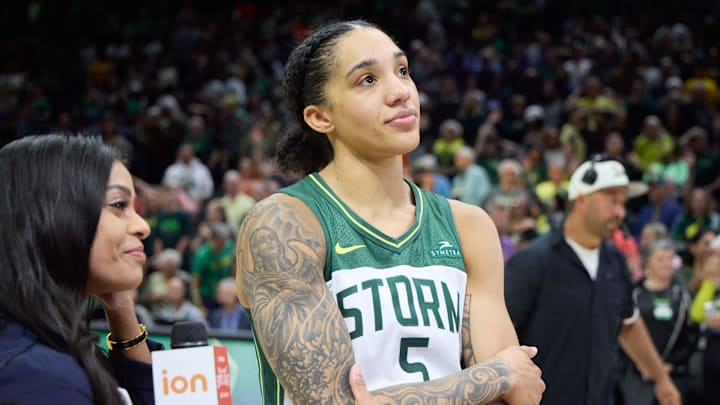Jul 11, 2025; Seattle, Washington, USA; Seattle Storm forward Gabby Williams (5) waits to be interviewed after playing the Connecticut Sun at Climate Pledge Arena. Mandatory Credit: John Froschauer-Imagn Images