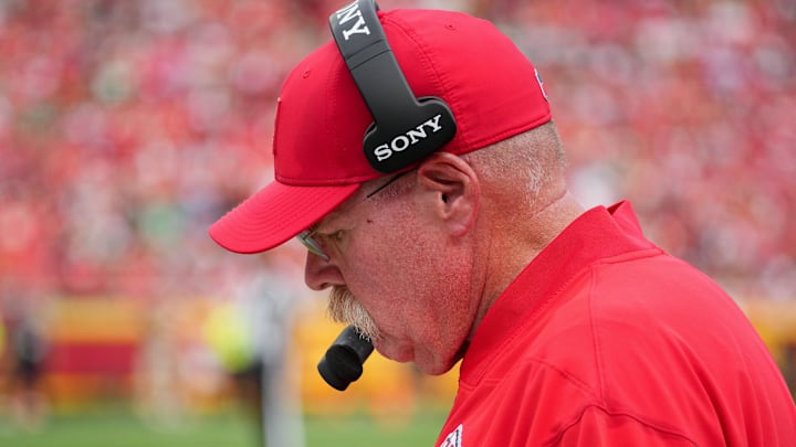 Sep 14, 2025; Kansas City, Missouri, USA; Kansas City Chiefs head coach Andy Reid looks on during the third quarter of the game against the Philadelphia Eagles at GEHA Field at Arrowhead Stadium. Mandatory Credit: Denny Medley-Imagn Images