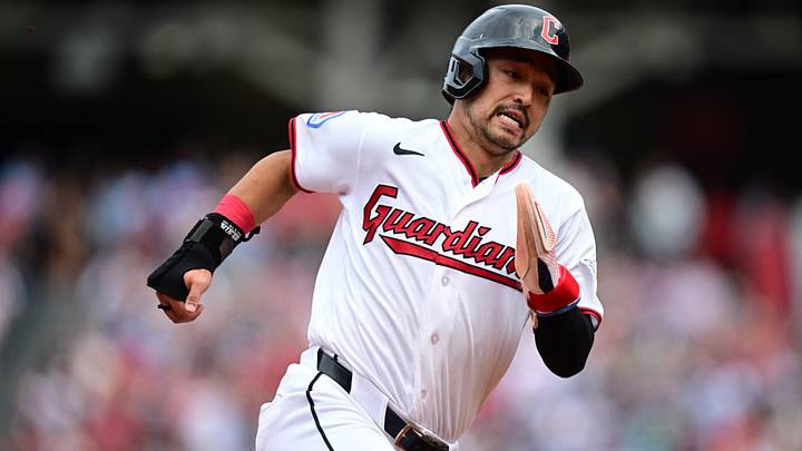 Sep 16, 2026; Cleveland, Ohio, USA;  Cleveland Guardians left fielder Steven Kwan (38) runs home to score a run on a two-RBI single by right fielder Jo Adell (7) during the third inning against the Chicago White Sox at Progressive Field.  Mandatory Credit: David Dermer-Imagn Images