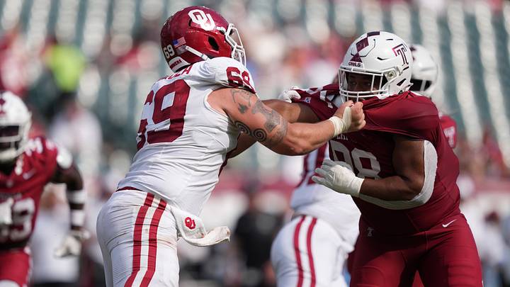 Oklahoma center Jake Maikkula battles during the Sooners' win over Temple. Mandatory Credit: Kyle Ross-Imagn Images Oklahoma center Jake Maikkula battles during the Sooners' win over Temple. Mandatory Credit: Kyle Ross-Imagn Images