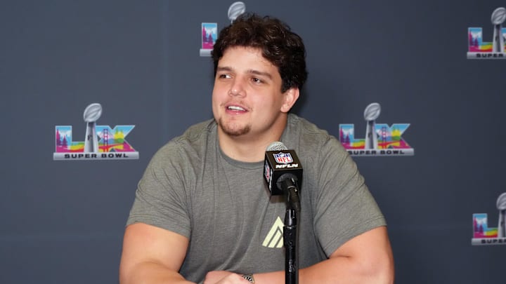 Feb 3, 2026; Santa Clara, CA, USA; New England Patriots offensive tackle Will Campbell speaks to the media during Super Bowl LX press conference at Santa Clara Marriott. Mandatory Credit: Kirby Lee-Imagn Images