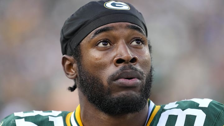 Sep 7, 2025; Green Bay, Wisconsin, USA;  Green Bay Packers wide receiver Romeo Doubs (87) during the game against the Detroit Lions at Lambeau Field. Mandatory Credit: Jeff Hanisch-Imagn Images