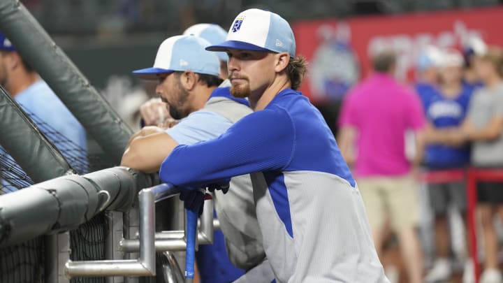 Jun 21, 2024; Arlington, Texas, USA; Kansas City Royals shortstop Bobby Witt Jr. prepares for batting practice before the game against the Texas Rangers at Globe Life Field. 