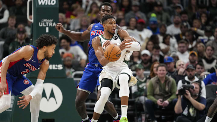 Nov 13, 2024; Milwaukee, Wisconsin, USA;  Milwaukee Bucks forward Giannis Antetokounmpo (34) loses control of the ball during the third quarter against the Detroit Pistons at Fiserv Forum. Mandatory Credit: Jeff Hanisch-Imagn Images
