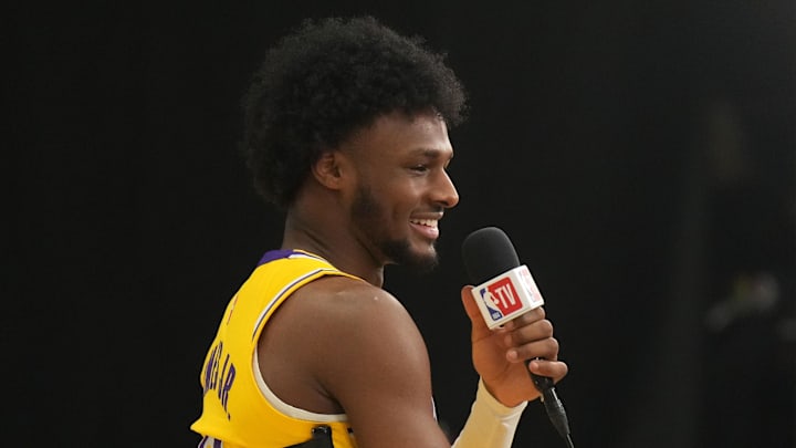 Sep 30, 2024; El Segundo, CA, USA; Los Angeles Lakers guard Bronny James (9) during media day at the UCLA Health Training Center. Mandatory Credit: Kirby Lee-Imagn Images