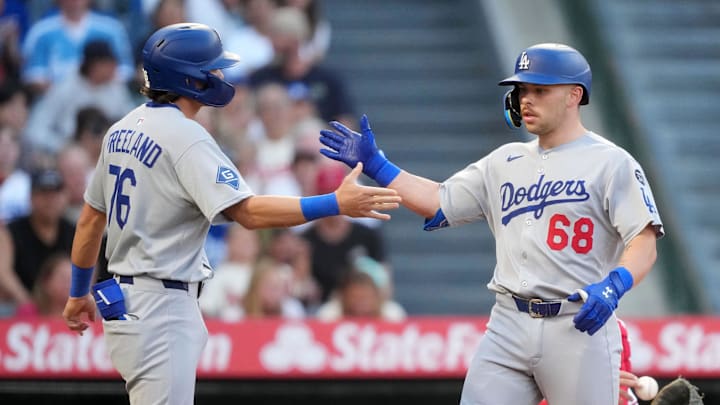 Aug 12, 2025; Anaheim, California, USA; Los Angeles Dodgers catcher Dalton Rushing (68) celebrates with second baseman Alex Freeland (76) after hitting a two-run home run in the second inning against the Los Angeles Angels at Angel Stadium. Mandatory Credit: Kirby Lee-Imagn Images Aug 12, 2025; Anaheim, California, USA; Los Angeles Dodgers catcher Dalton Rushing (68) celebrates with second baseman Alex Freeland (76) after hitting a two-run home run in the second inning against the Los Angeles Angels at Angel Stadium. Mandatory Credit: Kirby Lee-Imagn Images
