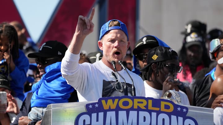 Feb 16, 2022; Los Angeles, CA, USA; Los Angeles Rams general manager Les Snead speaks during Super Bowl LVI championship rally at the Los Angeles Memorial Coliseum. Mandatory Credit: Kirby Lee-Imagn Images